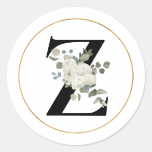 Elegant White Floral Monogram Letter Z on White  Classic Round Sticker