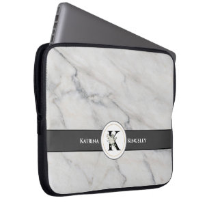 Elegant White Floral Monogram & Name Marble Look Laptop Sleeve