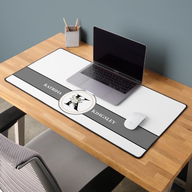 Elegant White Floral Monogram & Name on White  Desk Mat (Office 2)
