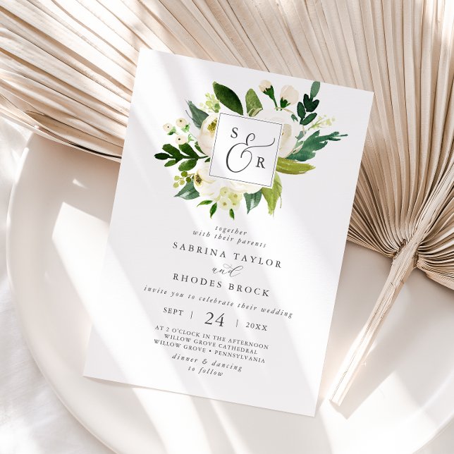 Elegant White Floral Monogram Wedding Invitation (Creator Uploaded)
