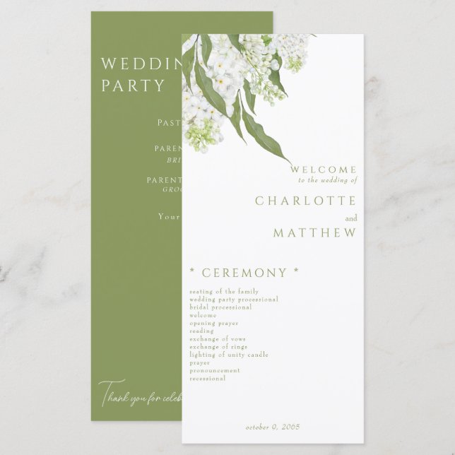 Elegant White Floral Moss Green Wedding Program (Front/Back)