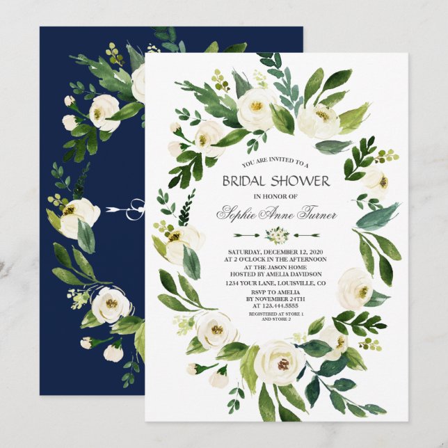 Elegant White Floral Navy Blue Bridal Shower Invitation (Front/Back)