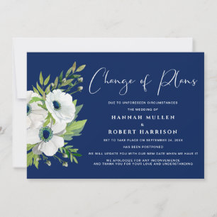 Elegant White Floral Navy Blue Postponed Wedding Announcement
