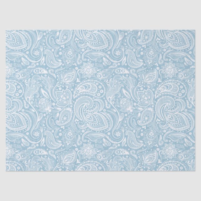 Elegant White Floral Paisley Over Blue Background Tissue Paper (Front)