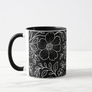 Elegant White Floral Pattern Black Mug