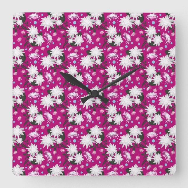 Elegant White Floral Pattern Botanical Design Square Wall Clock (Front)