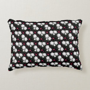 Elegant White Floral Pattern on Black Background Accent Pillow