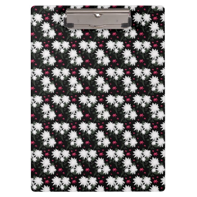 Elegant White Floral Pattern on Black Background Clipboard (Front)
