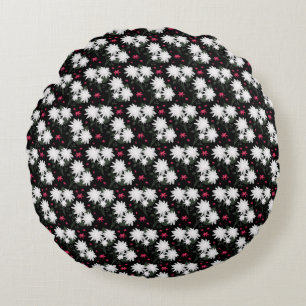 Elegant White Floral Pattern on Black Background Round Pillow