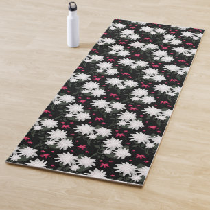 Elegant White Floral Pattern on Black Background Yoga Mat