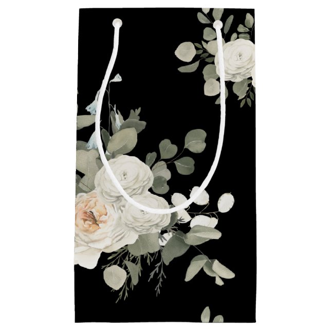 Elegant White Floral Pattern on Black Small Gift Bag (Front)