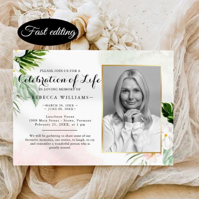 Elegant White Floral Photo Celebration of life Invitation (Creator Uploaded)