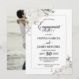 Elegant White Floral Photo Engagement Party Invitation