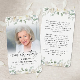 Elegant White Floral Photo Memorial Prayer Card