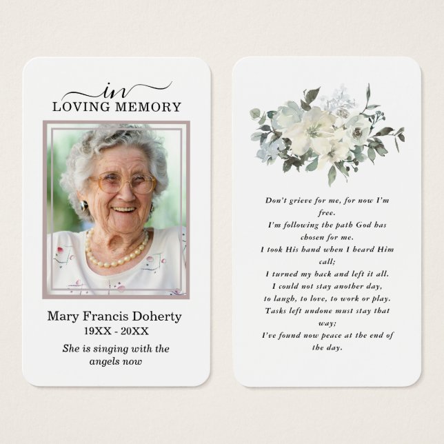 Elegant White Floral Photo Prayer Card (Front & Back)