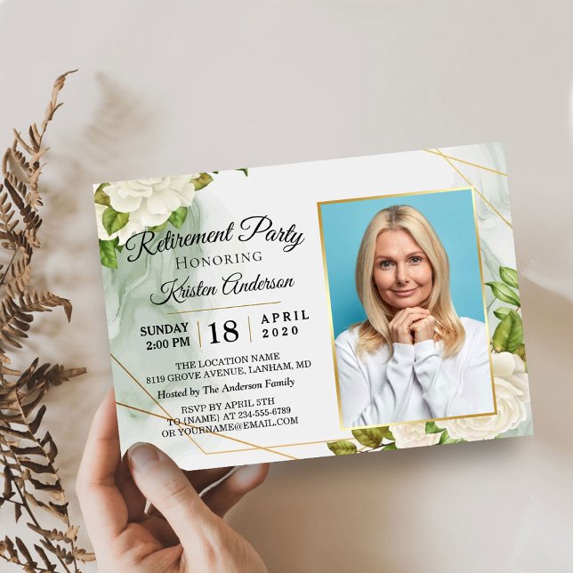 Elegant White Floral Photo Retirement Party Invitation (Creator Uploaded)