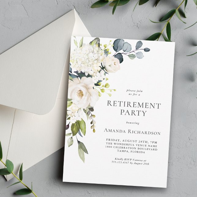 Elegant White Floral Retirement Party Invitation (Available as printed and paperless digital download!)