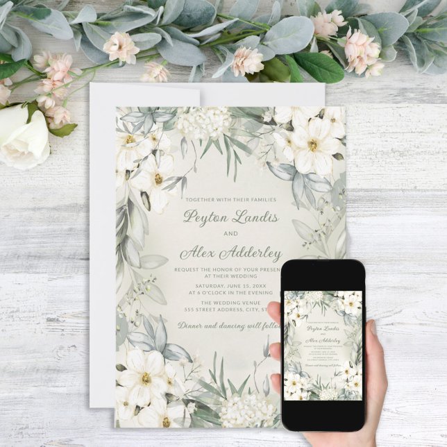 Elegant White Floral Sage Green Leaves Wedding Invitation (Creator Uploaded)