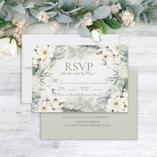 Elegant White Floral Sage Green Leaves Wedding RSV RSVP Card