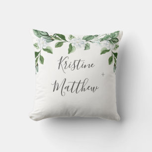 Elegant White Floral Sage Greenery Names Wedding Throw Pillow