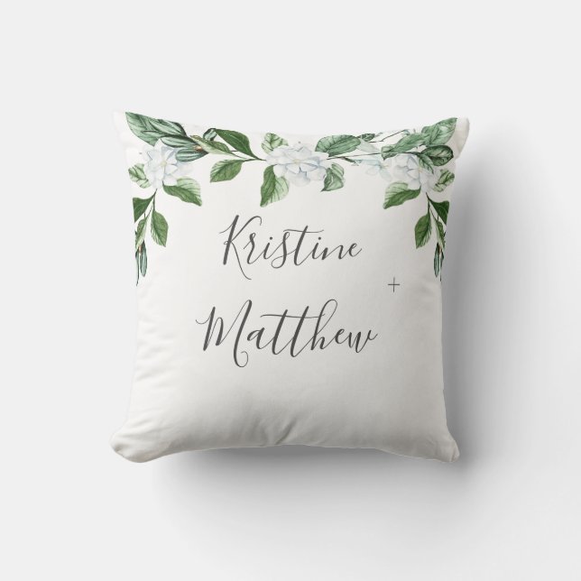 Elegant White Floral Sage Greenery Names Wedding Throw Pillow (Front)