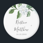 Elegant White Floral Sage Greenery Wreath Wedding Magnet<br><div class="desc">This elegant botanical floral wedding magnet features hand painted watercolor greenery with white magnolia flowers. Personalize with your names and wedding date. Designed by Susan Coffey.</div>