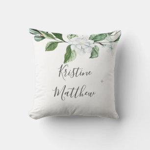 Elegant White Floral Sage Greenery Wreath Wedding Throw Pillow