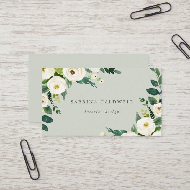 Elegant White Floral | Sage Mint Business Card (Front/Back In Situ)
