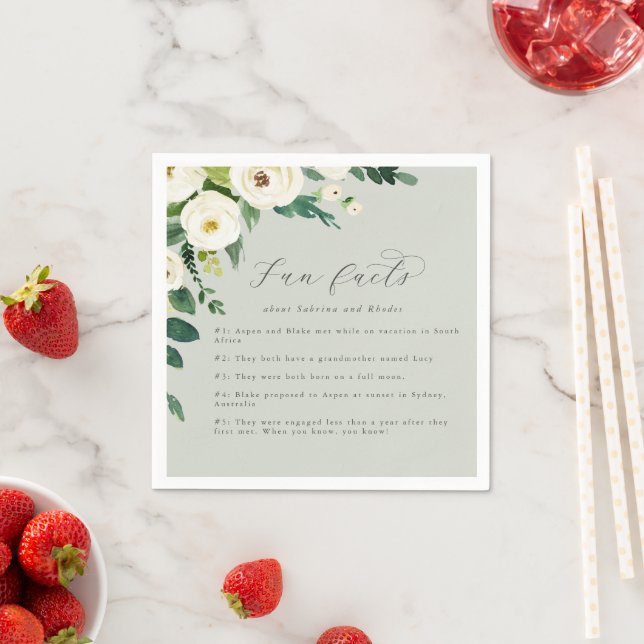 Elegant White Floral | Sage Mint Fun Facts Wedding Napkin (Insitu)