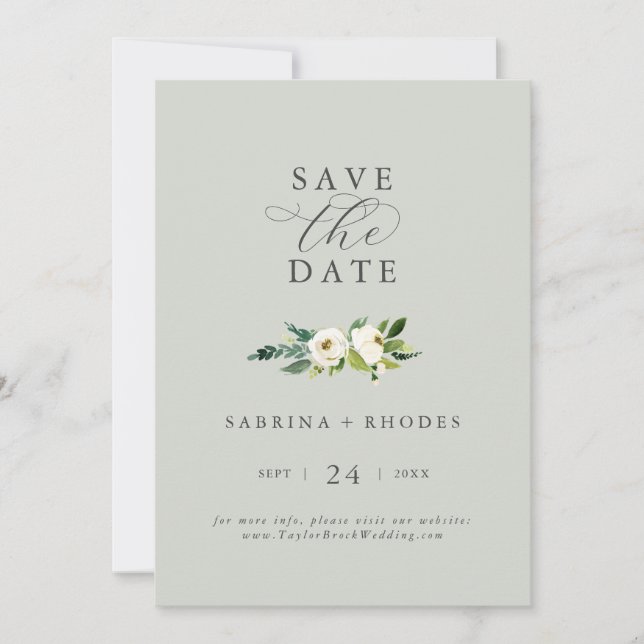 Elegant White Floral | Sage Mint Save the Date (Front)
