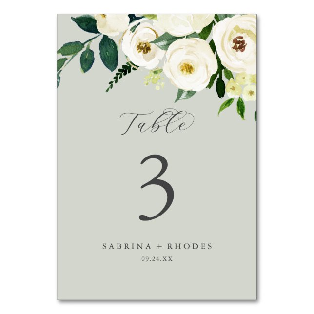 Elegant White Floral | Sage Mint Table Number (Front)