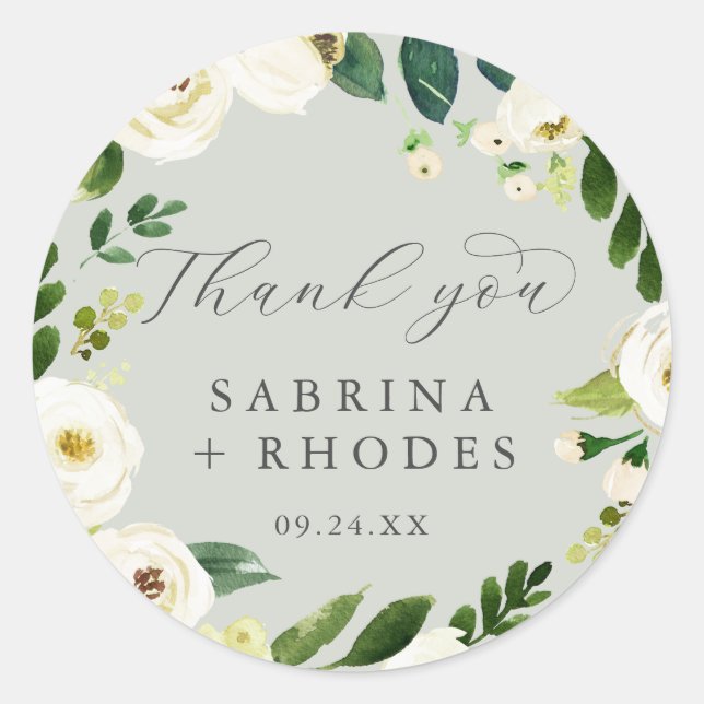 Elegant White Floral | Sage Mint Thank You Favour Classic Round Sticker (Front)