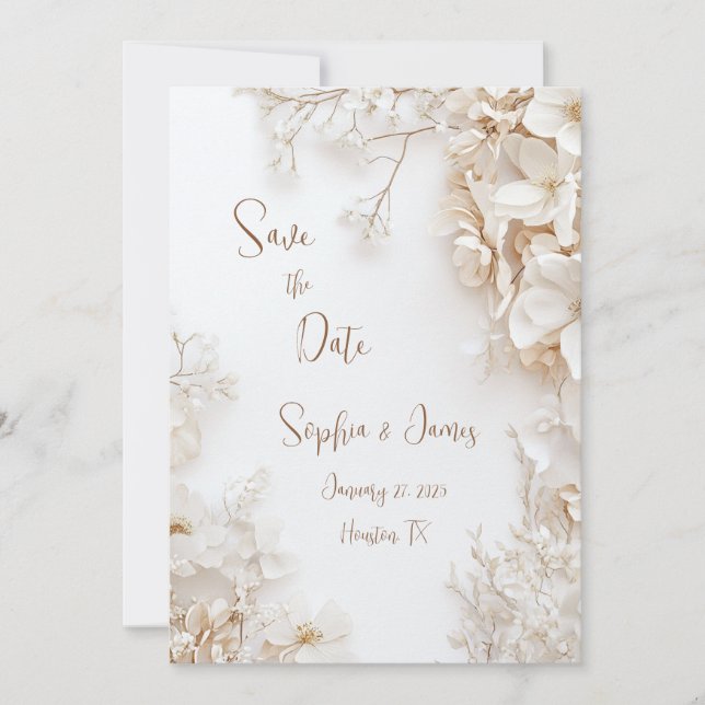  Elegant White Floral Save the Date Invitation (Front)