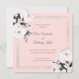 Elegant White Floral Silver Frame Pink Wedding  Invitation