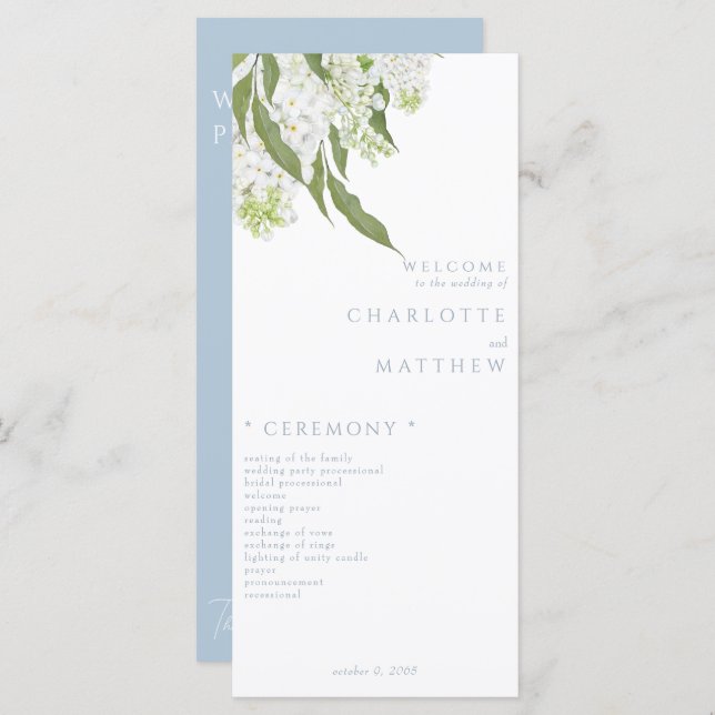 Elegant White Floral Sky Blue Wedding Program (Front/Back)