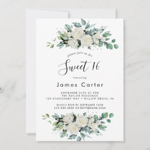 Elegant White Floral Sweet Sixteen Birthday  Invitation