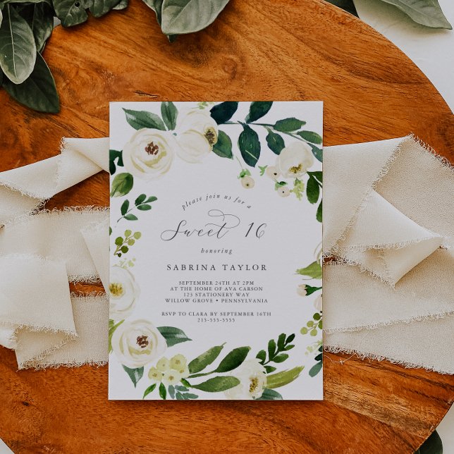 Elegant White Floral Sweet Sixteen Birthday Invitation (Creator Uploaded)