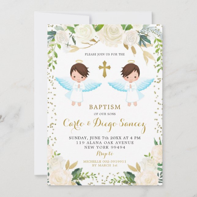 Elegant White Floral Twin Boy Baptism Invitation (Front)