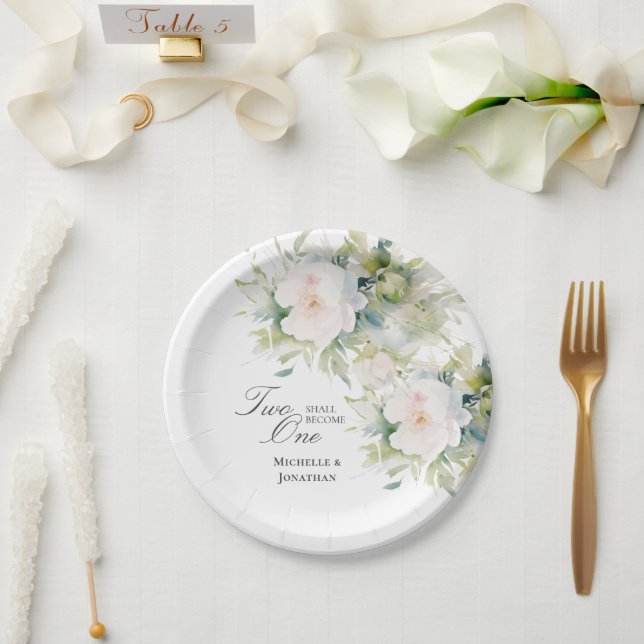 Elegant White Floral Two Become One Bible Wedding  Paper Plate (Wedding)