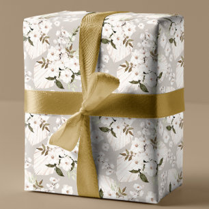 Elegant White Floral Watercolor Grey Pattern Wrapping Paper