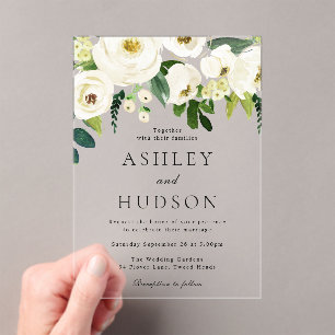 Elegant White Floral Wedding  Acrylic Invitations