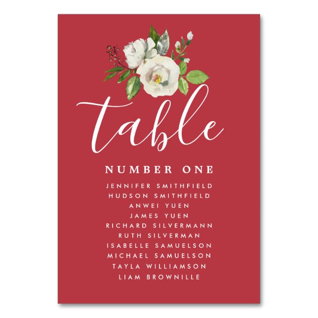 Elegant White Floral Wedding Guest Seating Chart Table Number (Front)