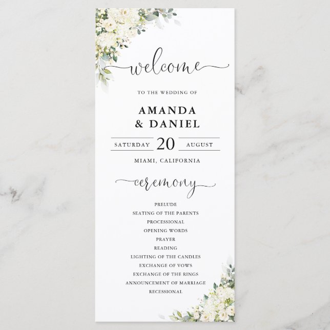 Elegant White Floral Wedding Program (Front)