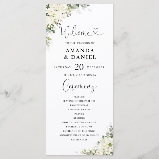 Elegant White Floral Wedding Program (Front)