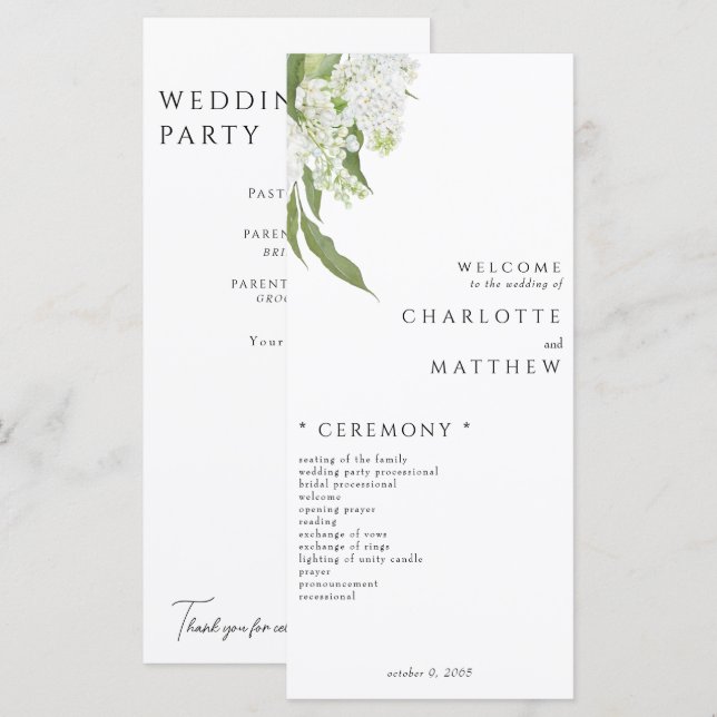 Elegant White Floral Wedding Program (Front/Back)