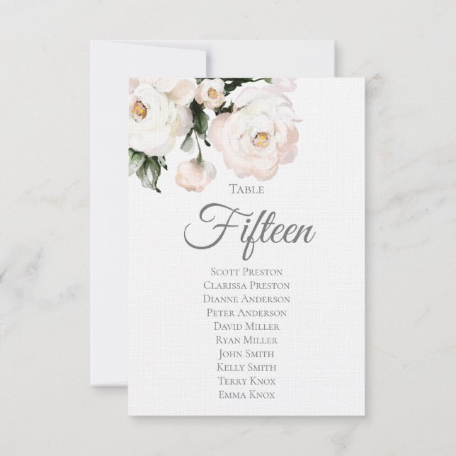 Elegant White Floral Wedding Table Assignment Card (Back)