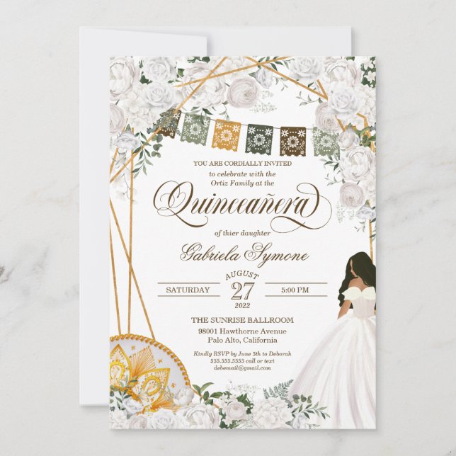 Elegant White Floral Western Charro Quinceanera In Invitation (Front)
