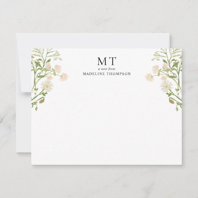 Elegant White Floral Wildflower Classic Monogram Card (Front)