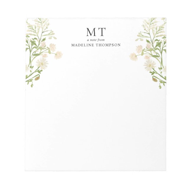 Elegant White Floral Wildflower Classic Monogram Notepad (Front)