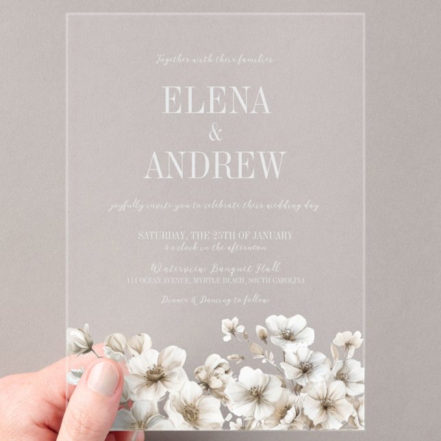 Elegant White Floral Winter Wedding Acrylic Invitations (Acrylic White Floral Wedding Invitation, Winter Wedding, Fall Autumn, Classic, Elegant Clear)